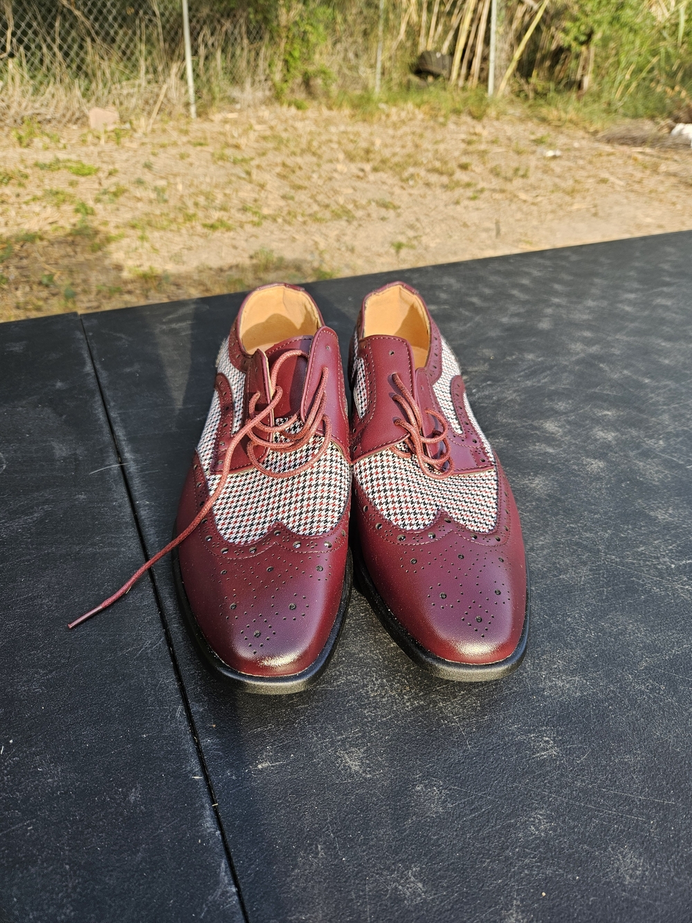 Men's Burgundy Wingtip Brogues with Houndstooth Accent